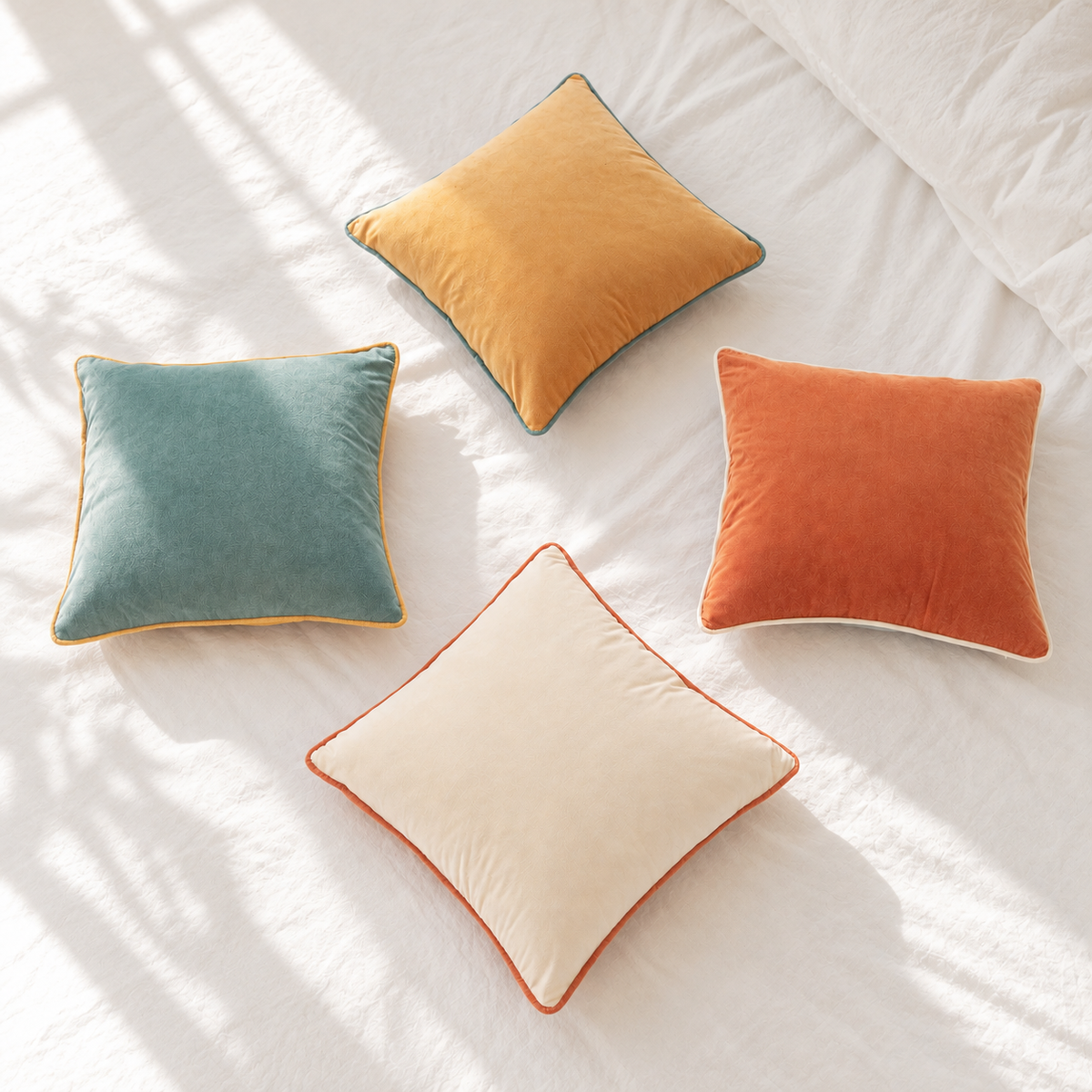 Four square velvet throw pillows in mustard yellow, teal, rust orange, and cream, arranged on a white bed with soft window shadow overlays.