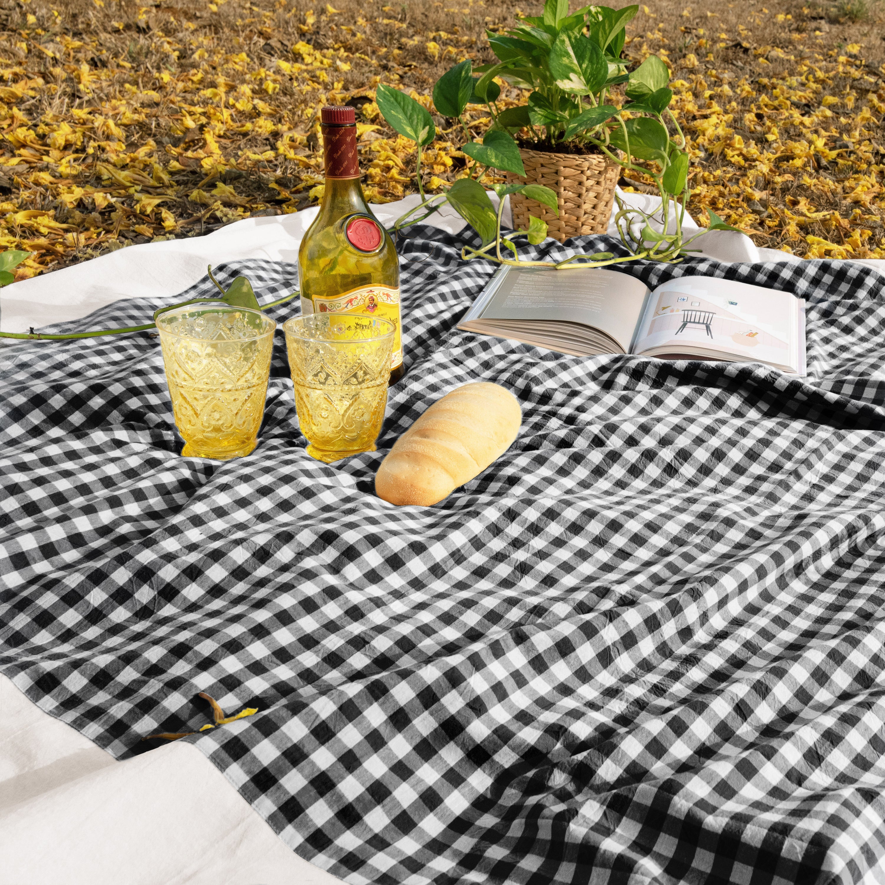 tablecloth gingham plaid buffalo checkered cotton stonewashed black white rectangle