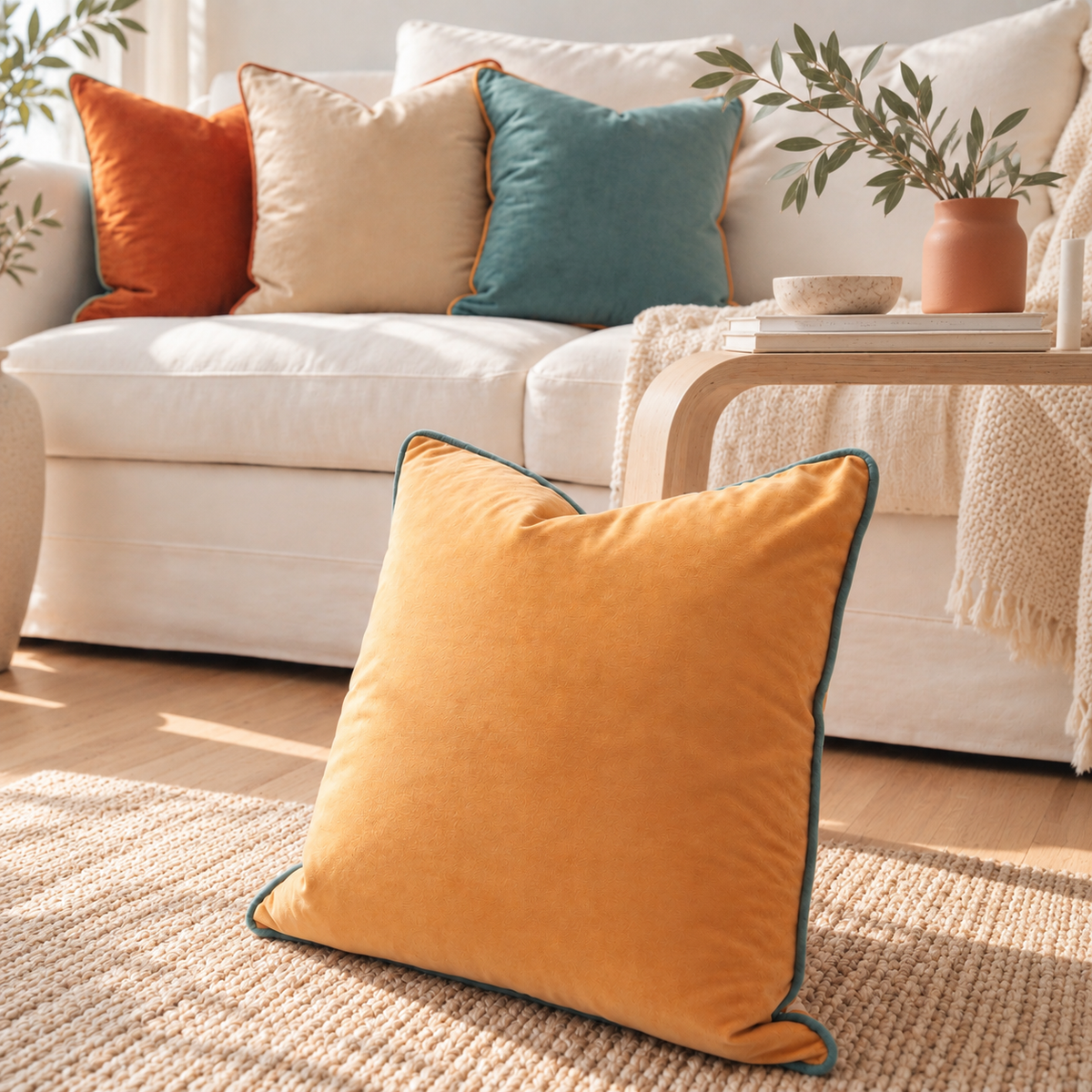 A mustard yellow velvet throw pillow with dark teal piping sits on a woven rug in a bright, modern living room in front of a white sofa with other accent pillows.