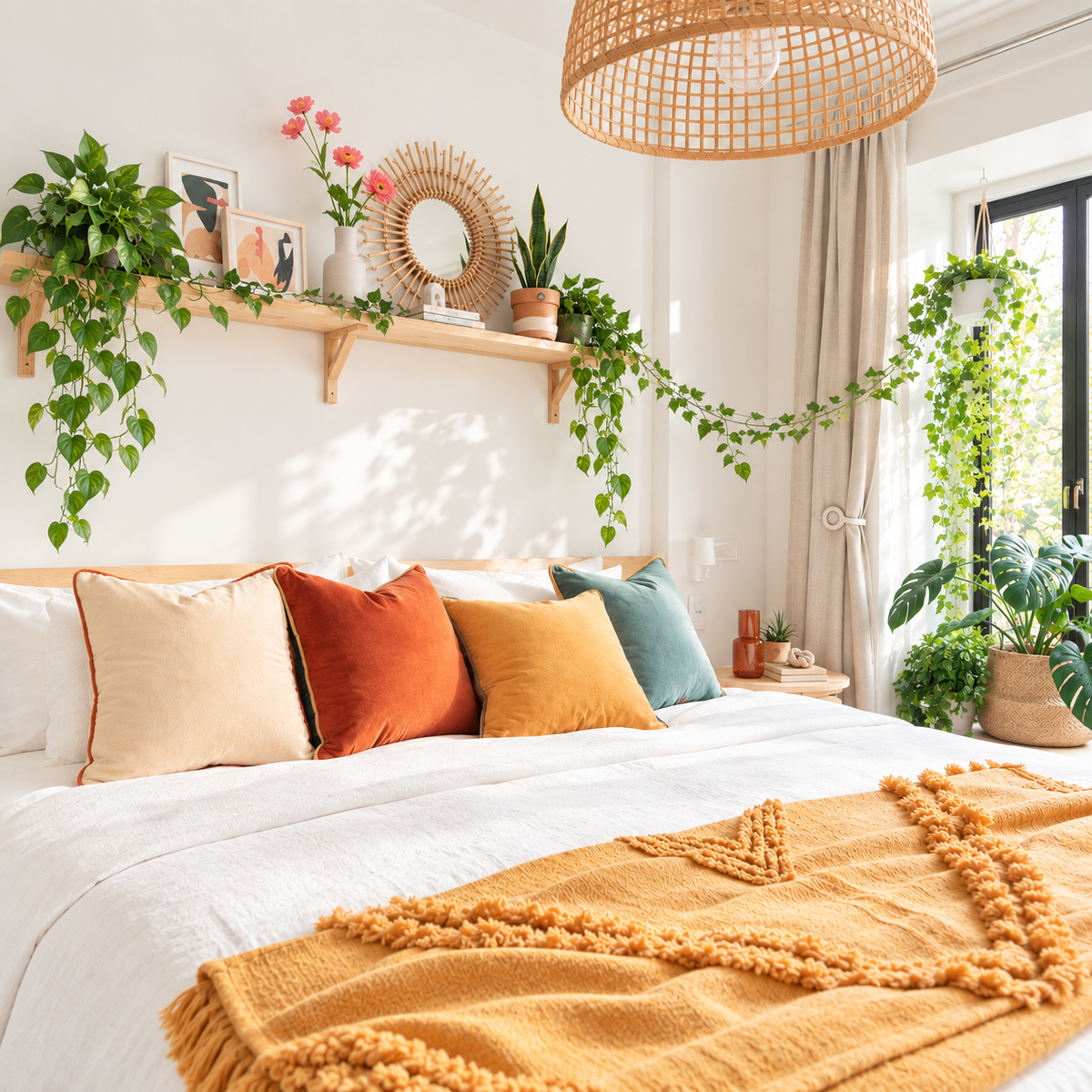 A cozy bedroom scene with a bed dressed in white bedding and a mustard yellow textured throw blanket, styled with cream, rust orange, and teal pillows. The room features a light wood floating shelf with green trailing plants, a round sunburst mirror, and a large woven pendant light hanging above.