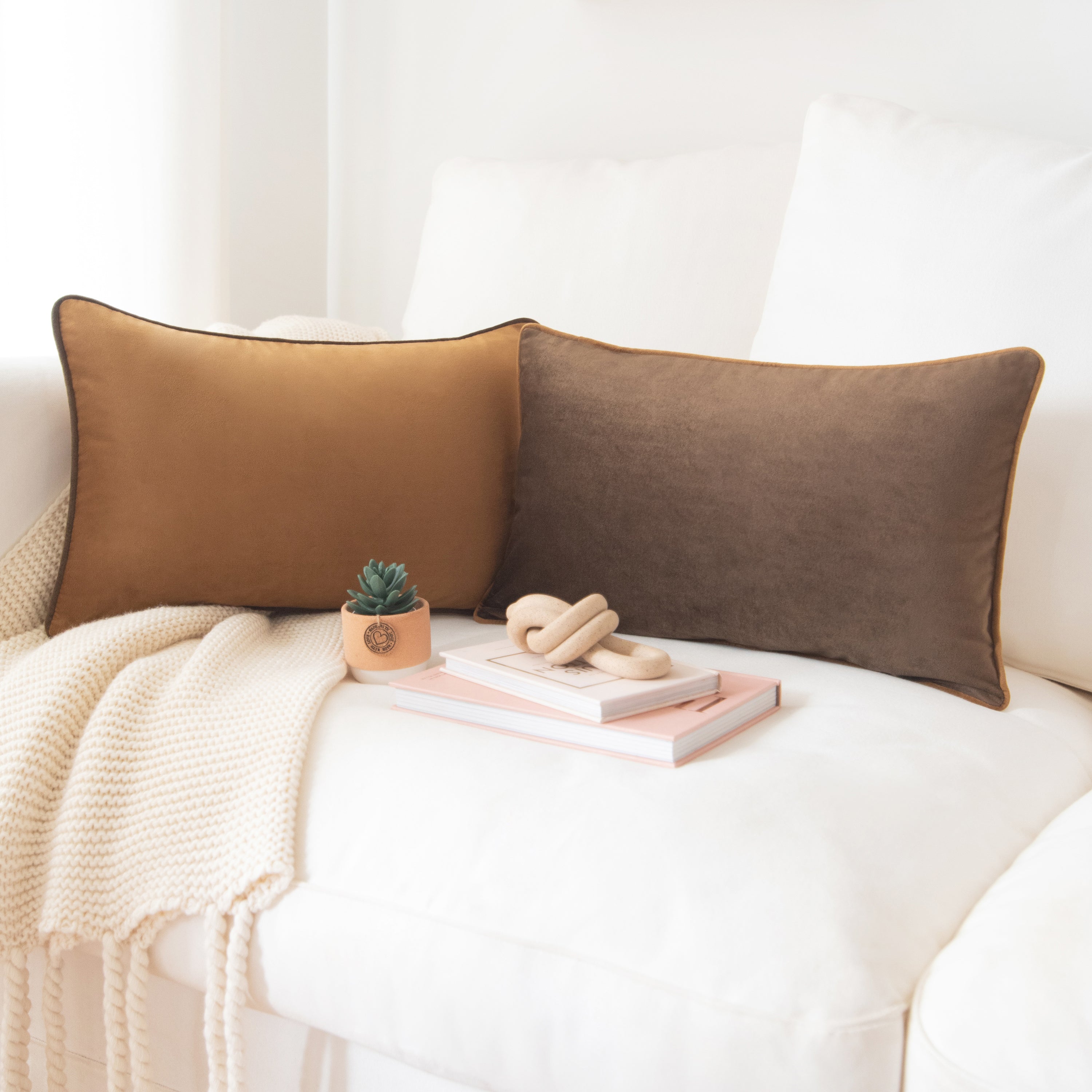 brown beige caramel decorative throw pillow covers piping soft reversible square home decor