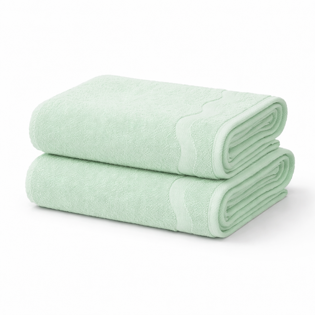Two folded light green towels on a white background