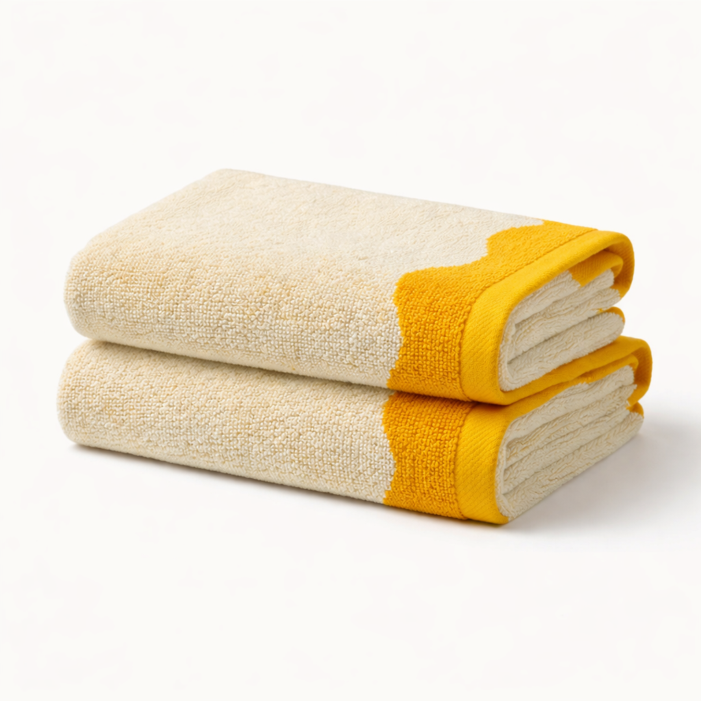 Two folded towels with yellow accents on a white background