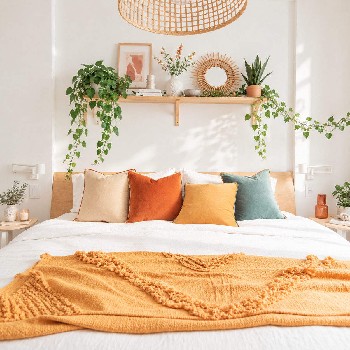 A cozy bedroom scene with a neatly made bed, white bedding, and four decorative pillows in beige, rust orange, mustard yellow, and sage green. A textured mustard yellow throw blanket is draped across the foot of the bed.