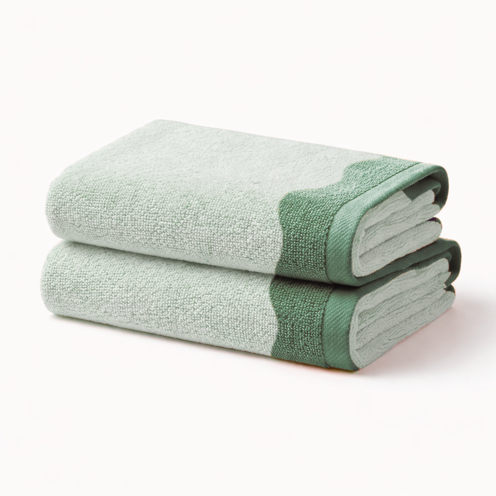Two green towels stacked on a white background