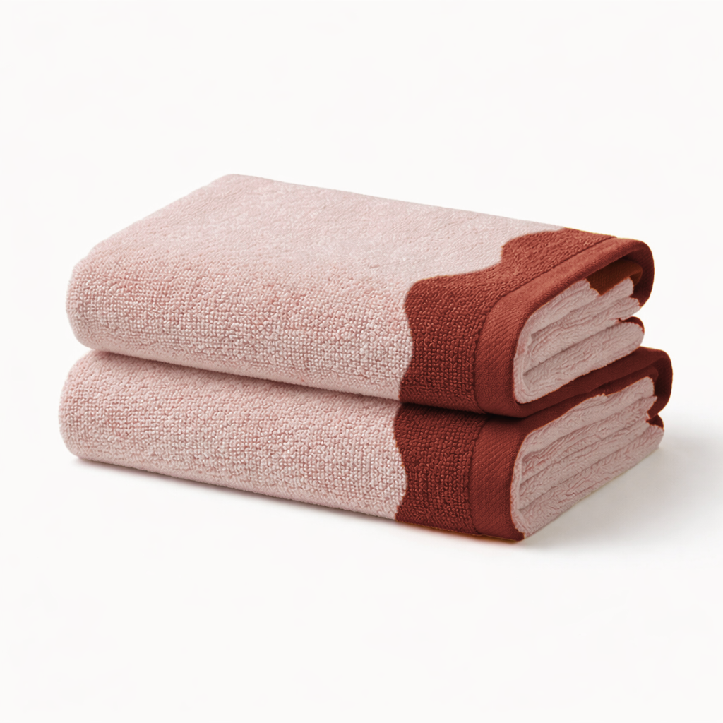 Two folded towels with a pink and brown color scheme on a white background
