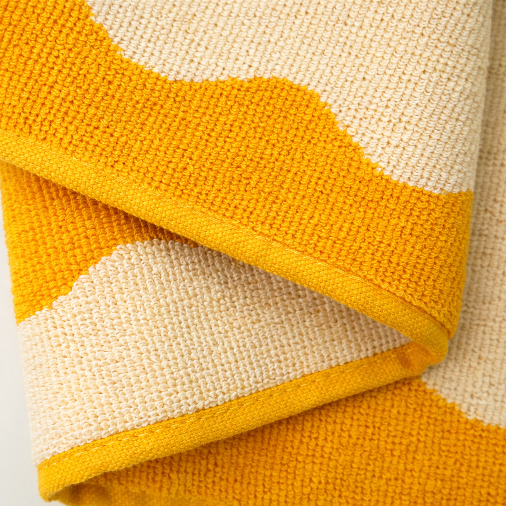 Close-up of a folded fabric with yellow and beige pattern