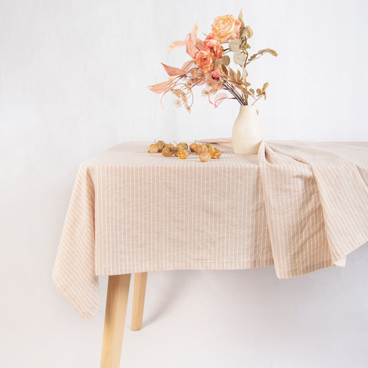 tablecloth cotton stonewashed beige white stripes rectangle