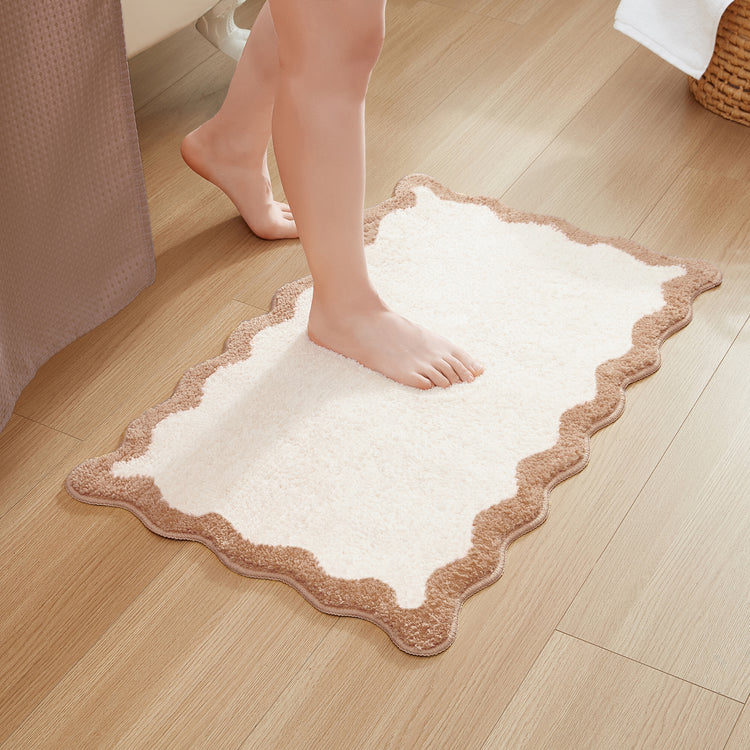 bath mat beige scalloped wavy edge