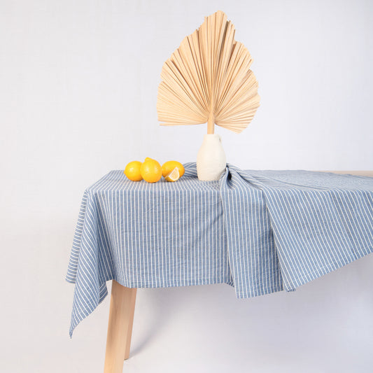 tablecloth cotton stonewashed blue white stripes rectangle