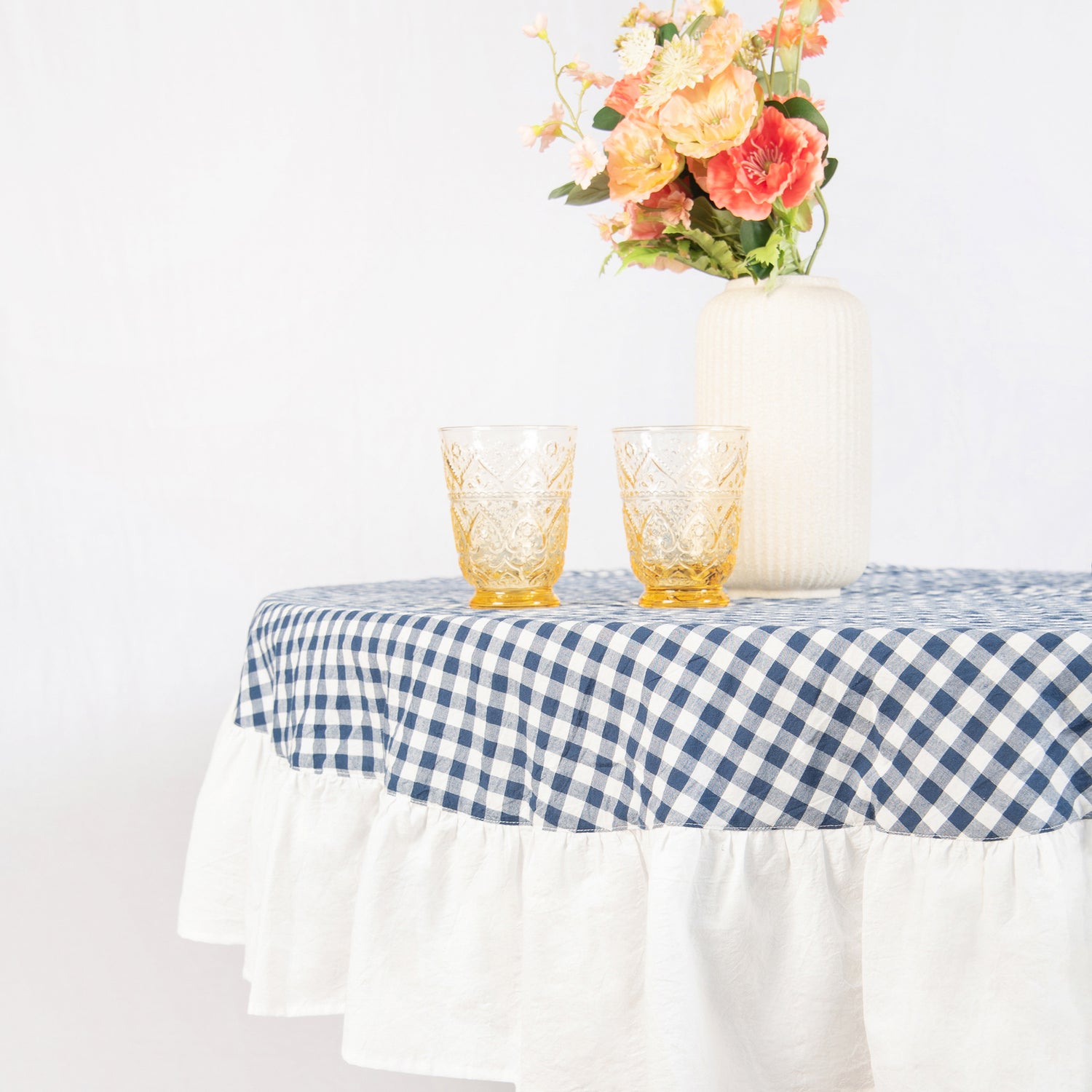 tablecloth gingham plaid buffalo checkered cotton stonewashed blue white round