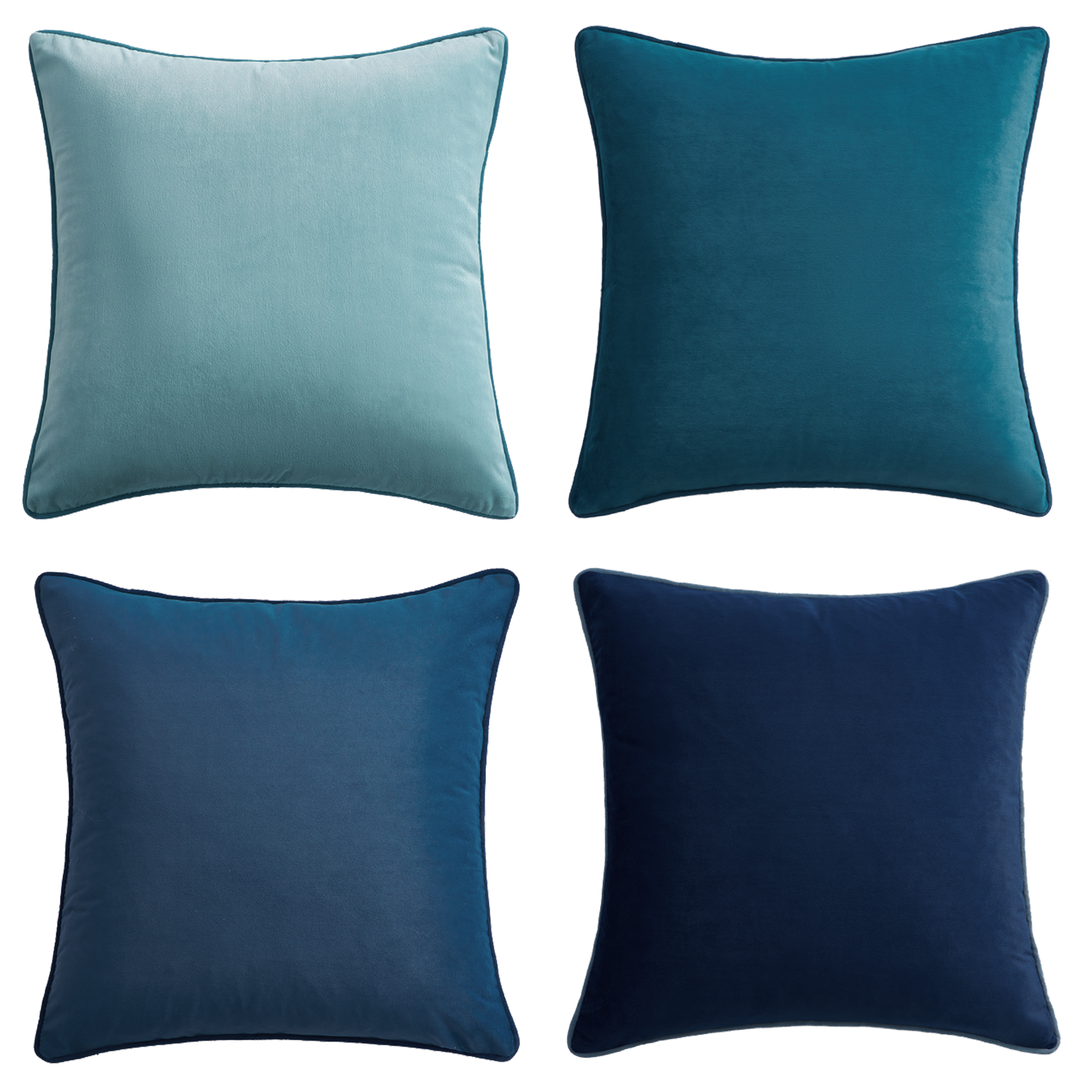 Four square pillows in teal and blue shades on a white background