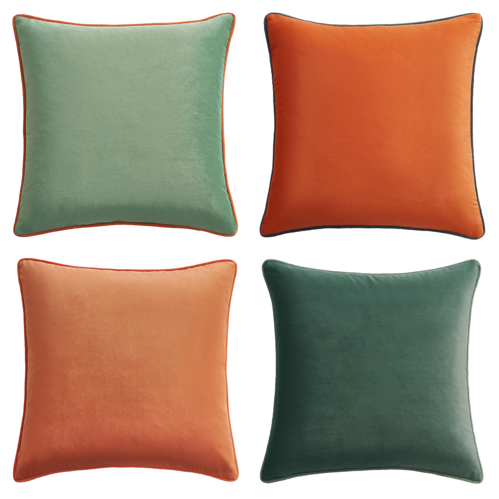 Four square pillows in green and orange on a white background