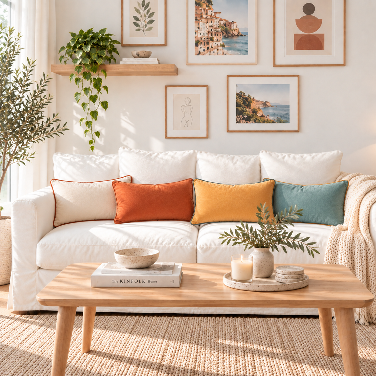 A styled living room scene with a white sofa decorated with four throw pillows in cream, rust orange, mustard yellow, and teal. In front is a light wood coffee table with books, candles, and a small plant, set on a woven rug.