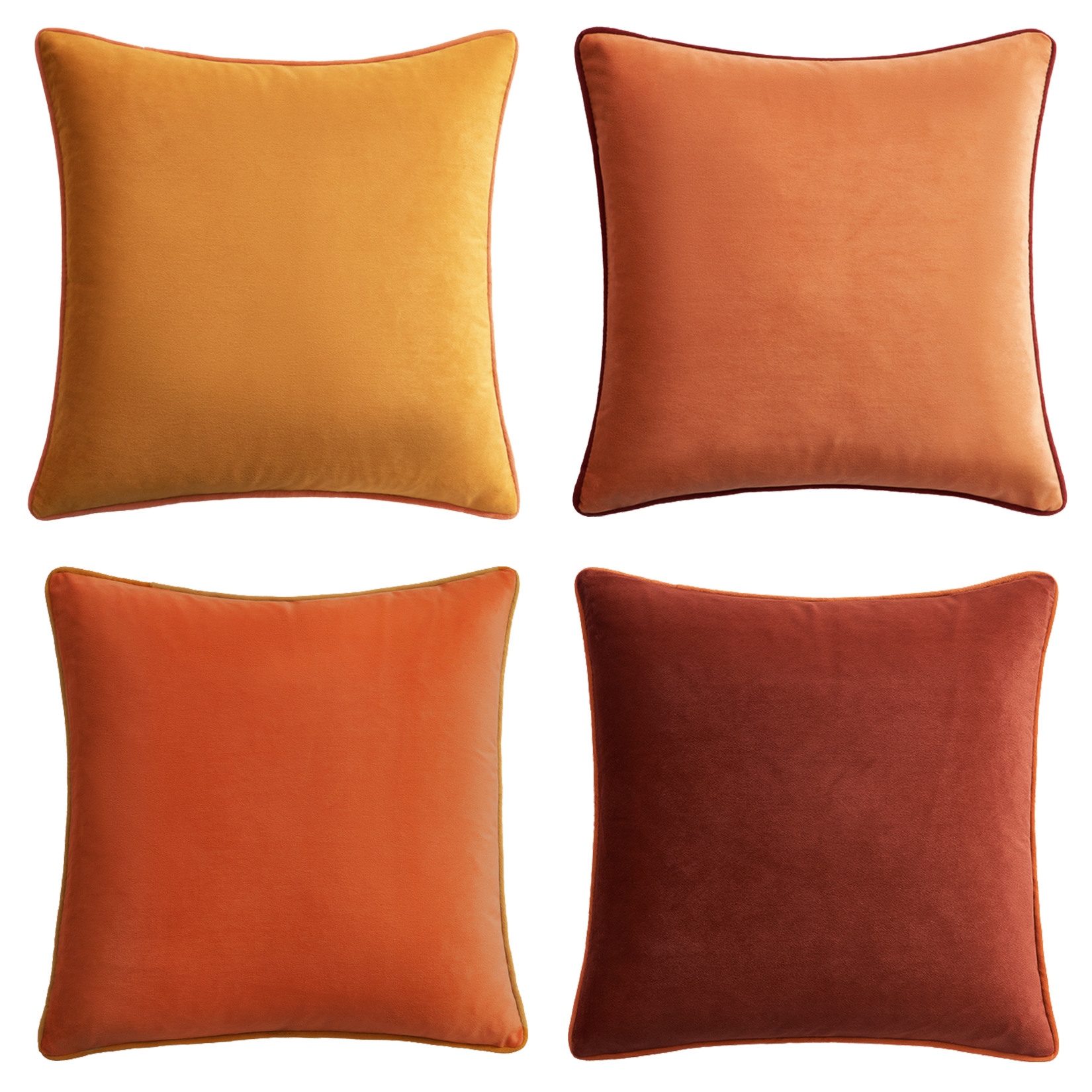 Four square pillows in orange and brown shades on a white background