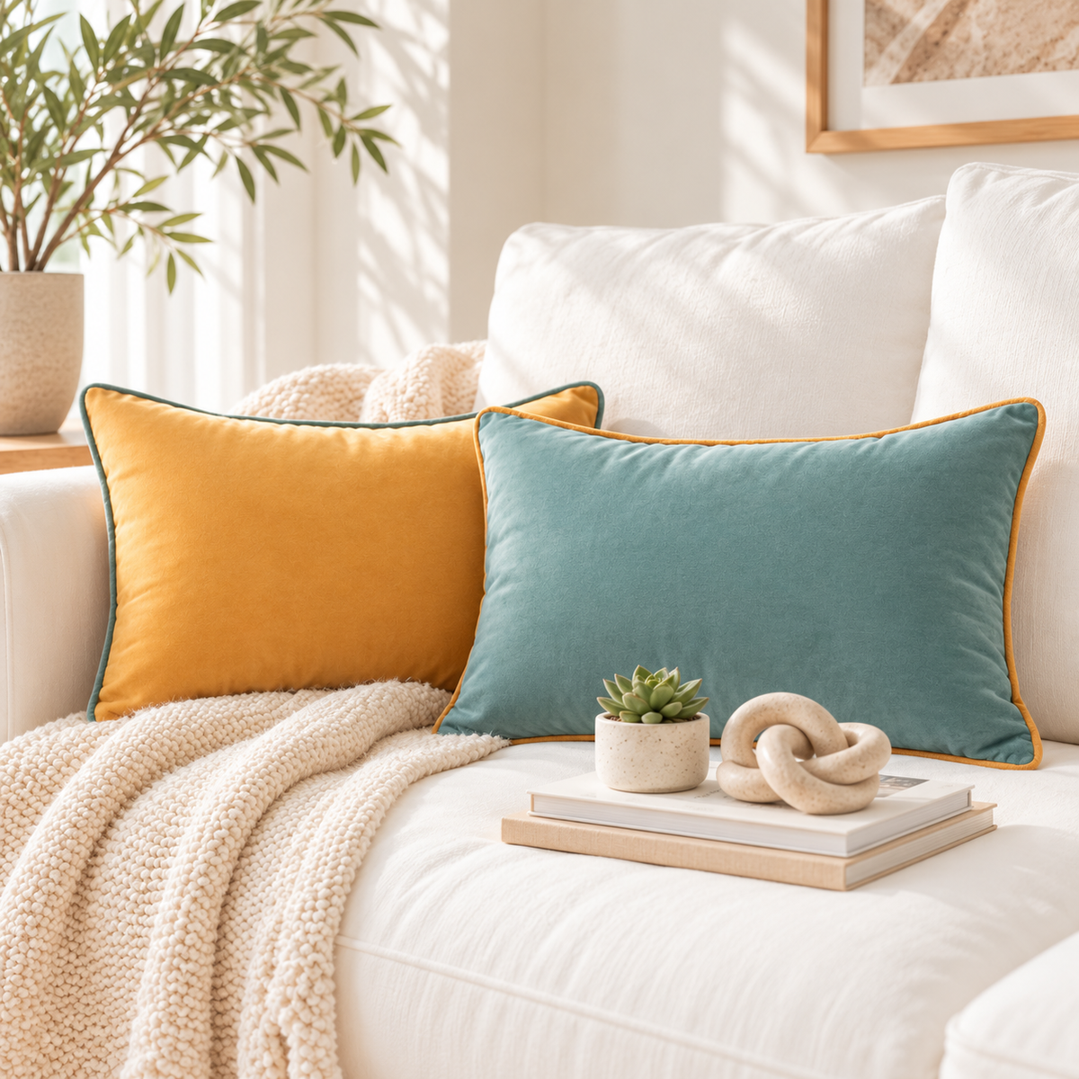 Two rectangular throw pillows on a white sofa in a bright living room setting. One pillow is mustard yellow and the other is teal blue, both with thin orange piping.