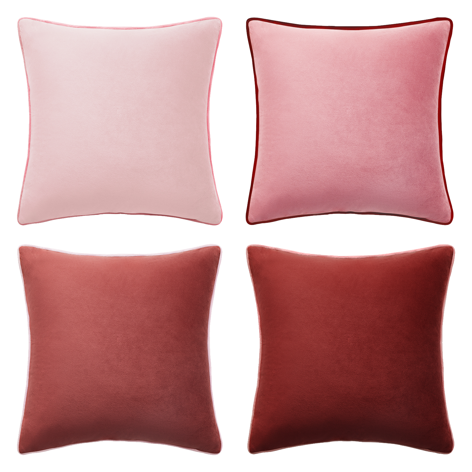 Four square pillows in pink and red tones on a white background
