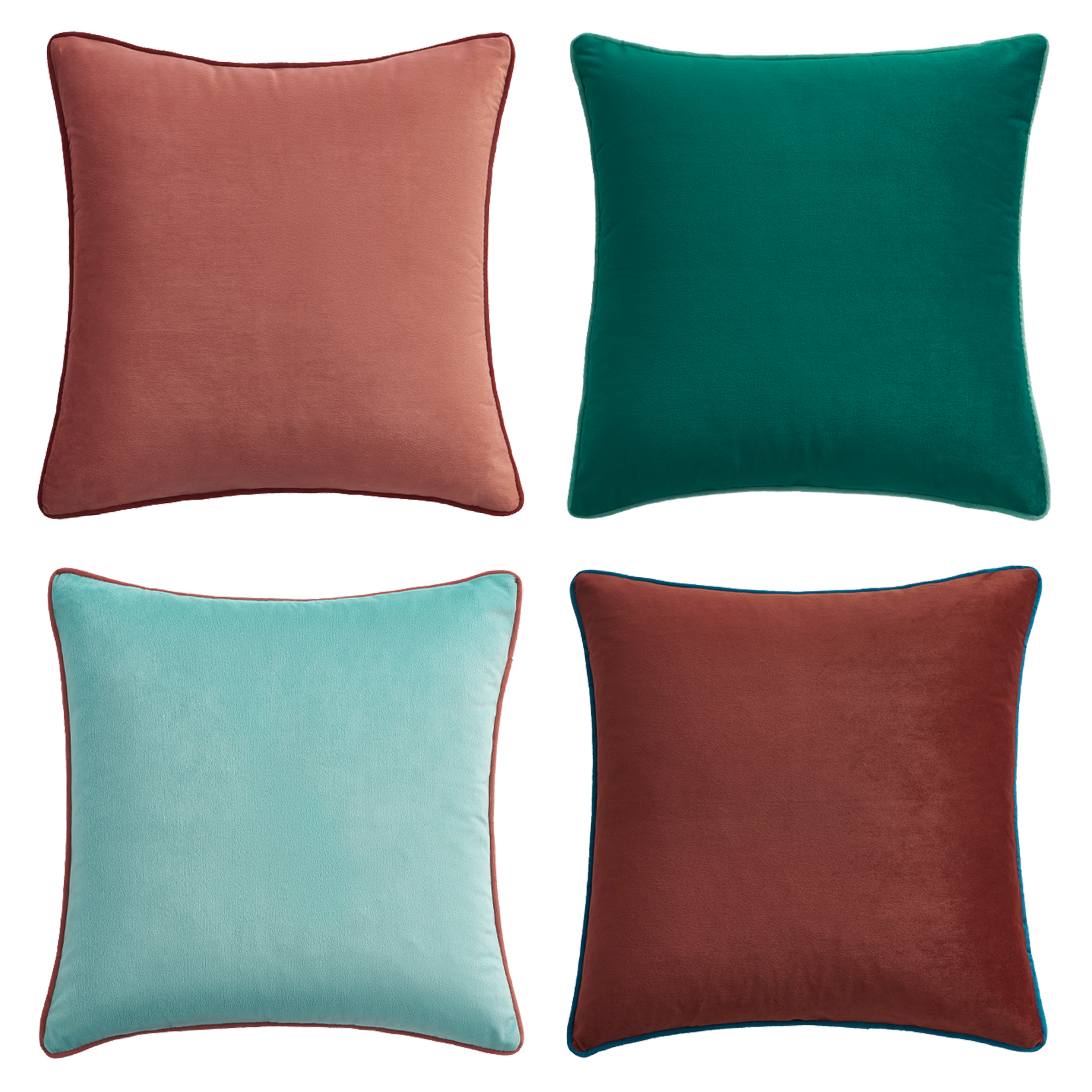 Four square pillows in different colors on a white background