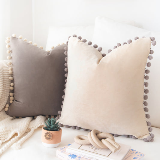 pom pom trim stone gray beige cream decorative throw pillow covers velvet soft