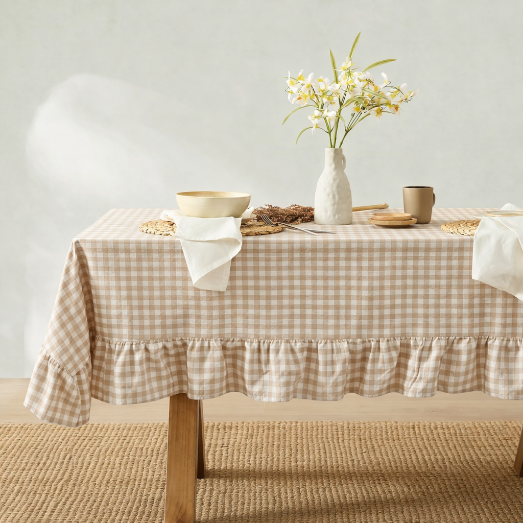 Table with a checkered tablecloth, bowls, and a vase with flowers on a neutral background