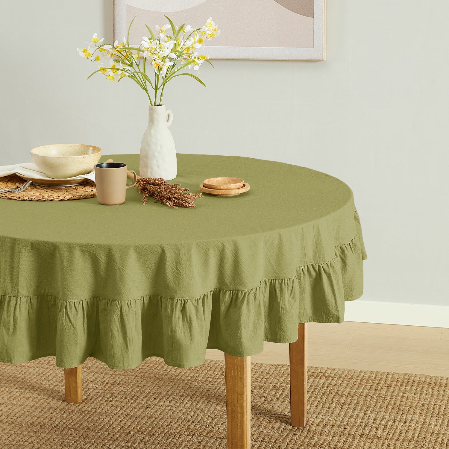 olive green stonewashed cotton tablecloth dining table