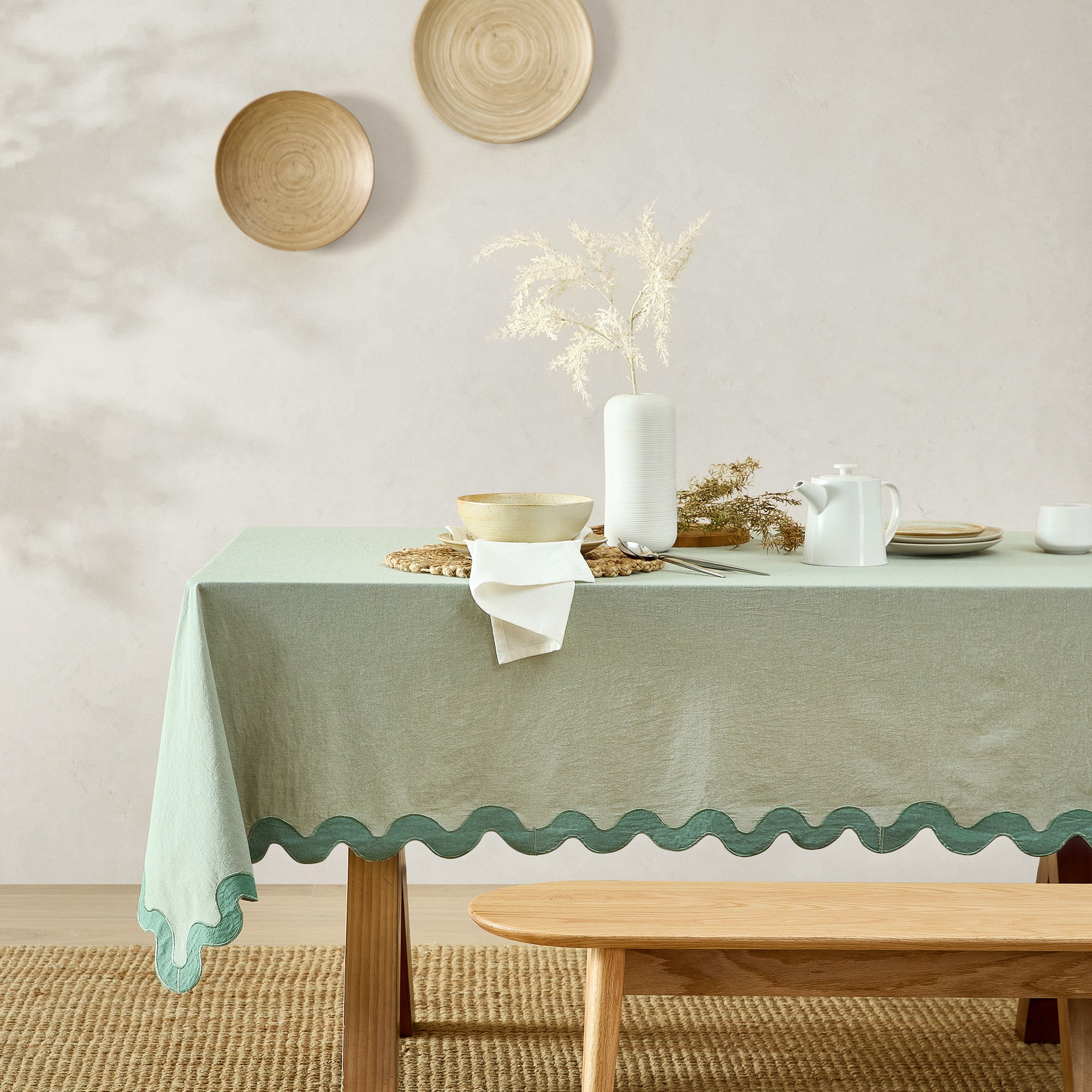 stonewashed cotton tablecloth scalloped edge sage