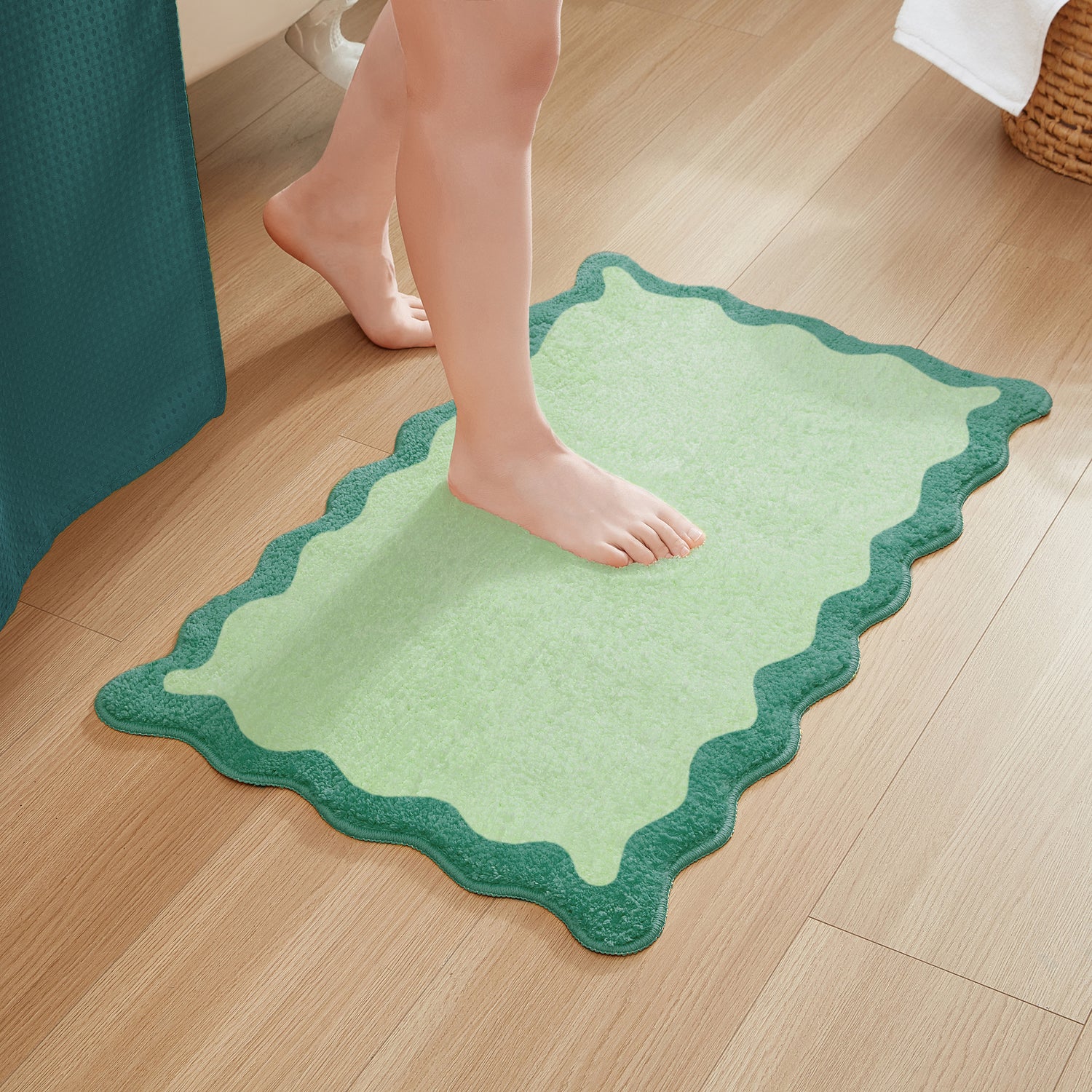 bath mat teal green scalloped wavy edge