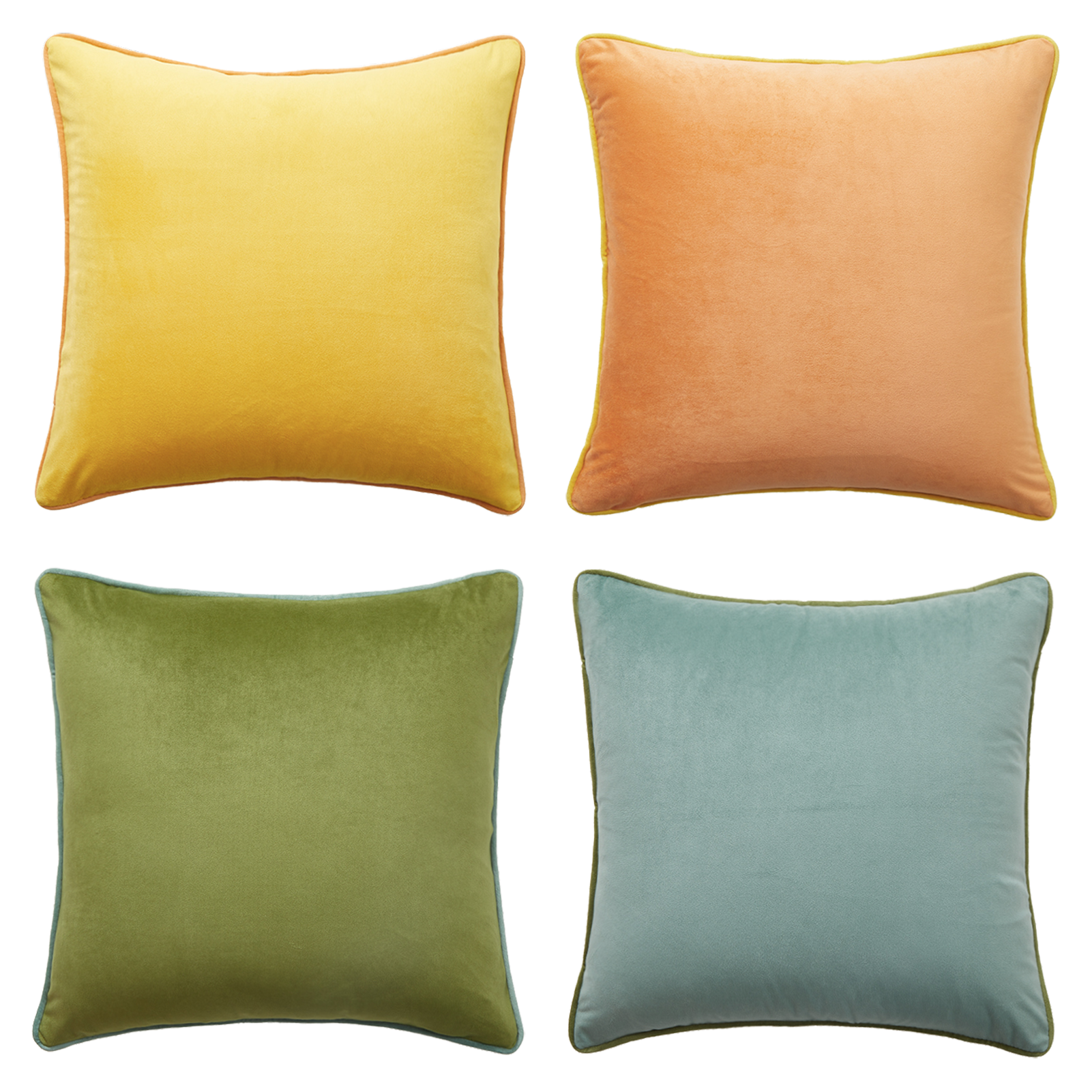 Four square pillows in yellow, orange, green, and blue on a white background