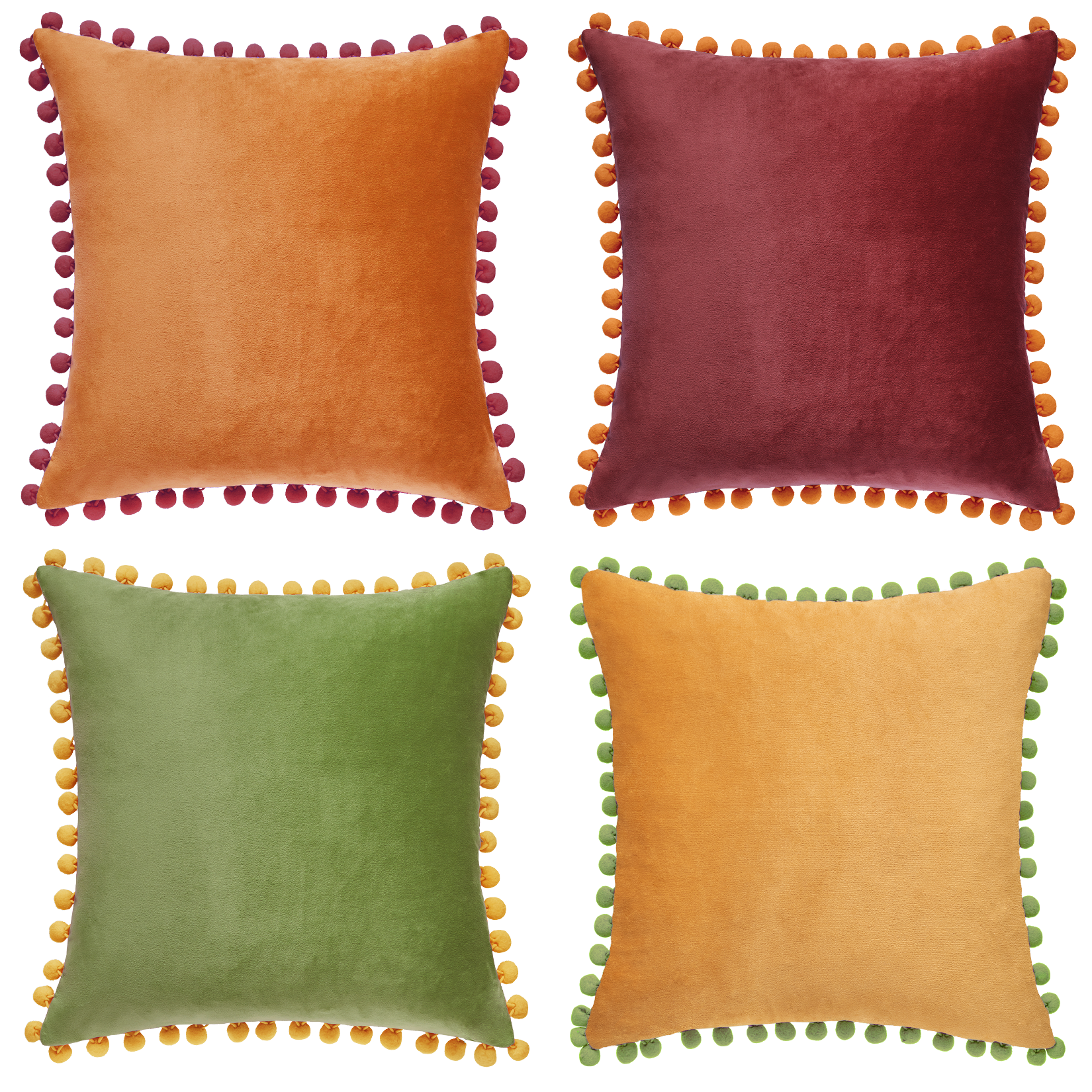 pom pom trim orange plum olive green yellow decorative throw pillow covers velvet soft