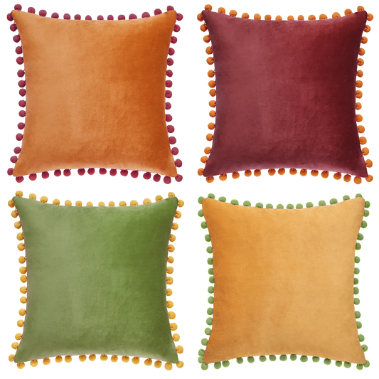 pom pom trim orange plum olive green yellow decorative throw pillow covers velvet soft