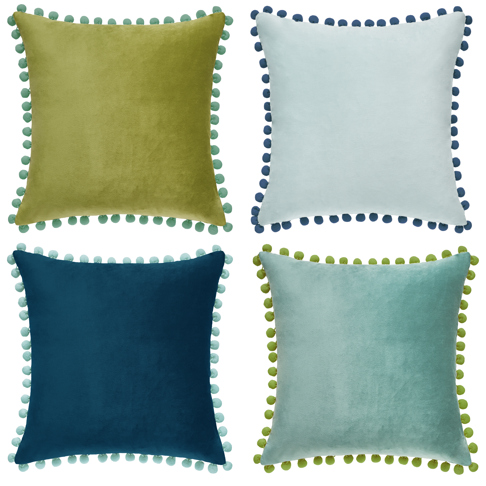 pom pom trim blue green teal light blue decorative throw pillow covers velvet soft