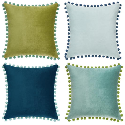 pom pom trim blue green teal light blue decorative throw pillow covers velvet soft