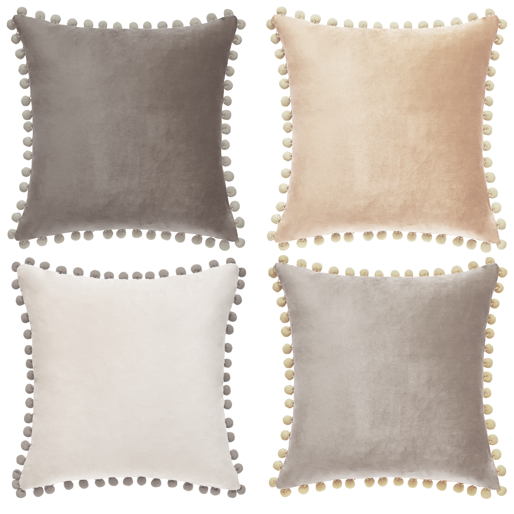 pom pom trim stone gray beige cream light cream gray decorative throw pillow covers velvet soft