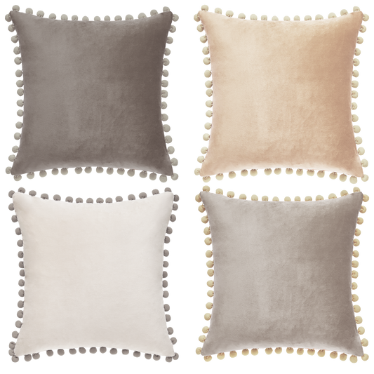 pom pom trim stone gray beige cream light cream gray decorative throw pillow covers velvet soft