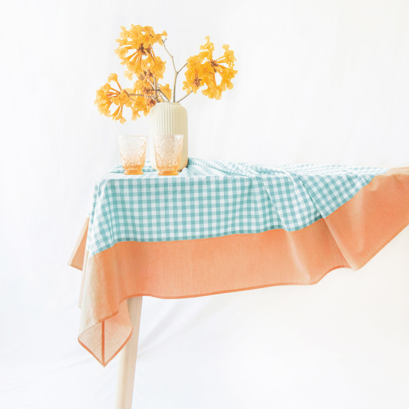 tablecloth gingham plaid buffalo checkered cotton stonewashed teal orange white rectangle