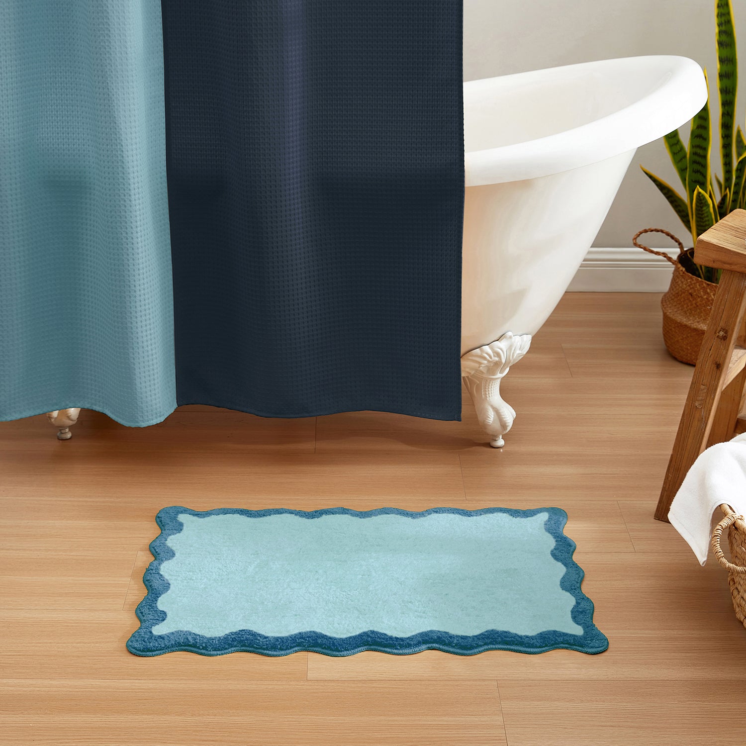 bath mat blue scalloped wavy edge