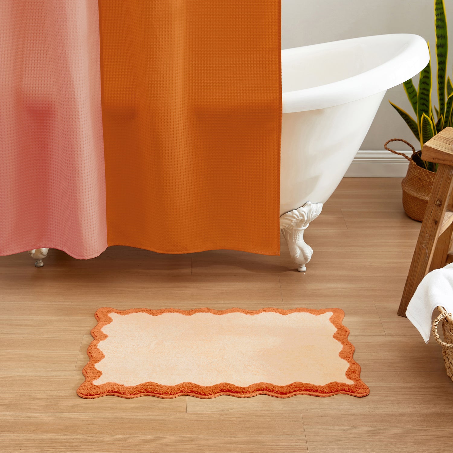 bath mat orange scalloped wavy edge