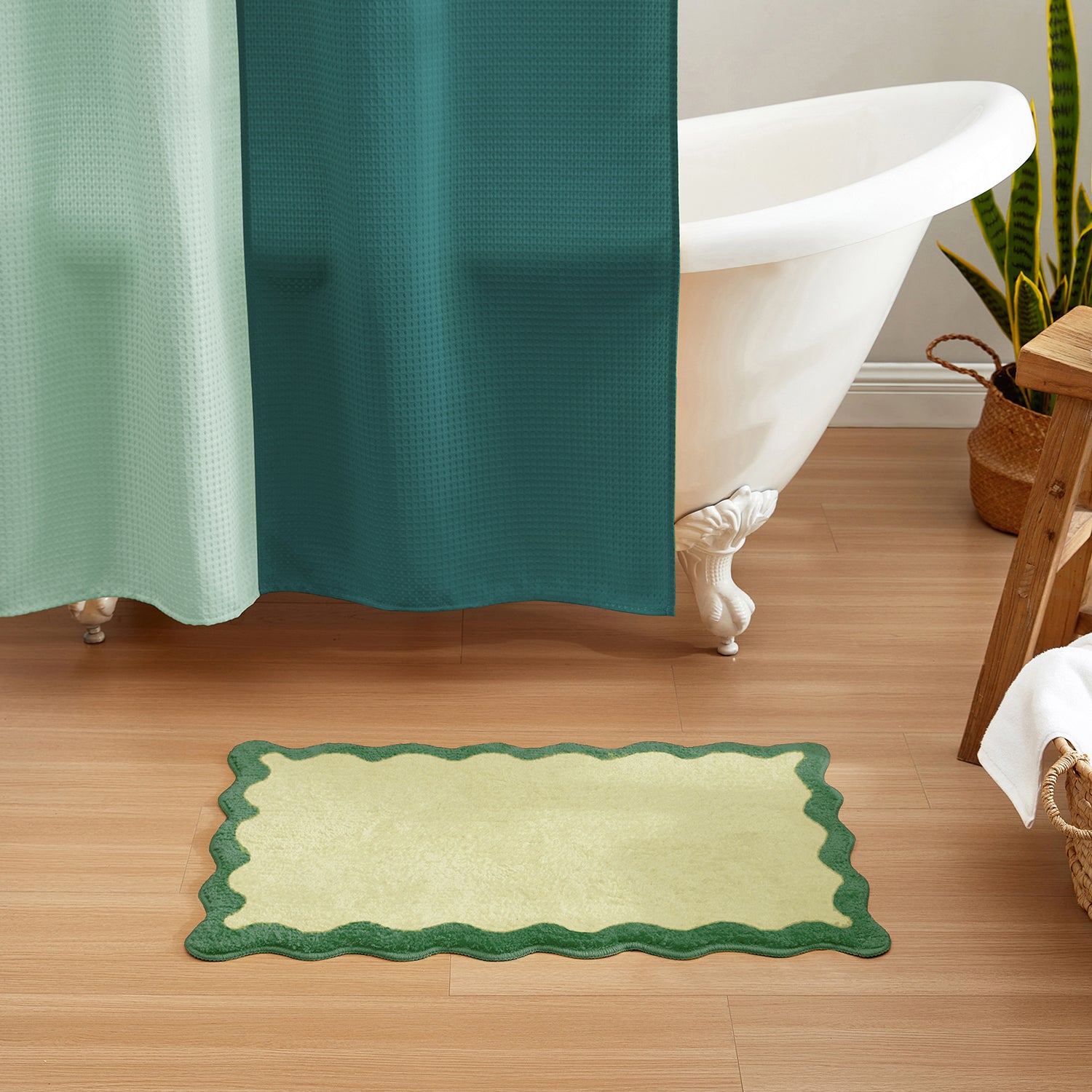 bath mat green scalloped wavy edge