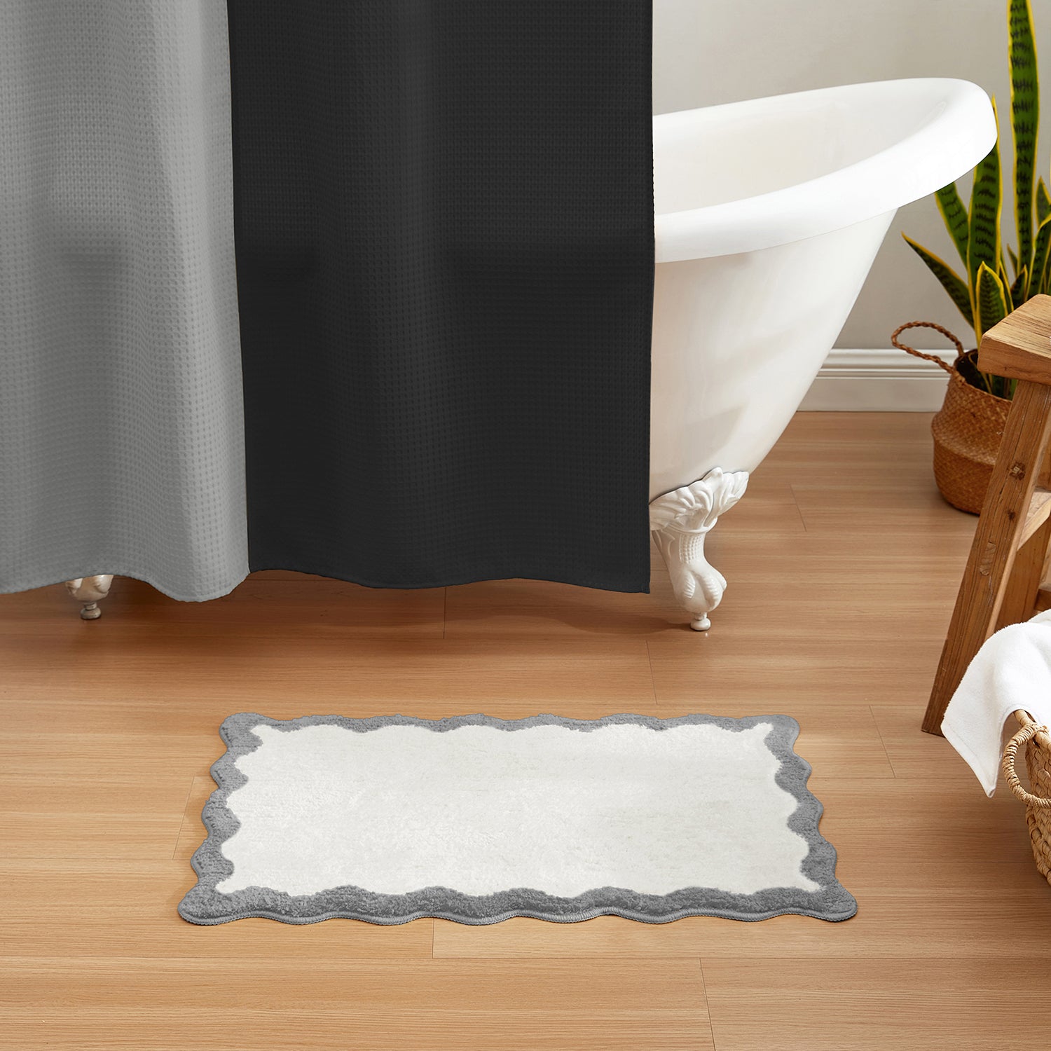 bath mat gray white scalloped wavy edge