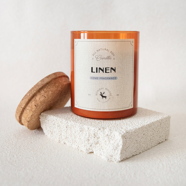 soy wax candle amber jar linen