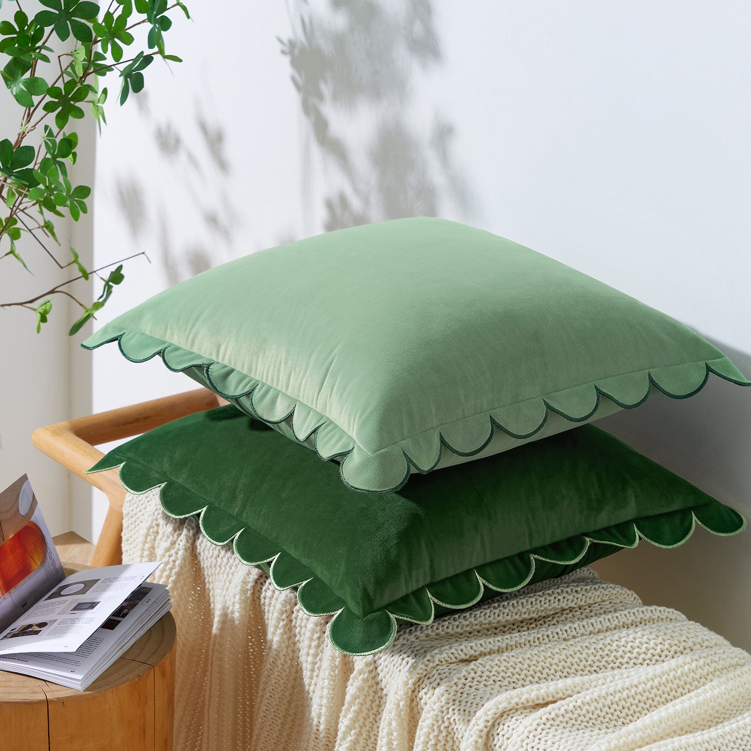 scalloped edge velvet pillows set of two green light green