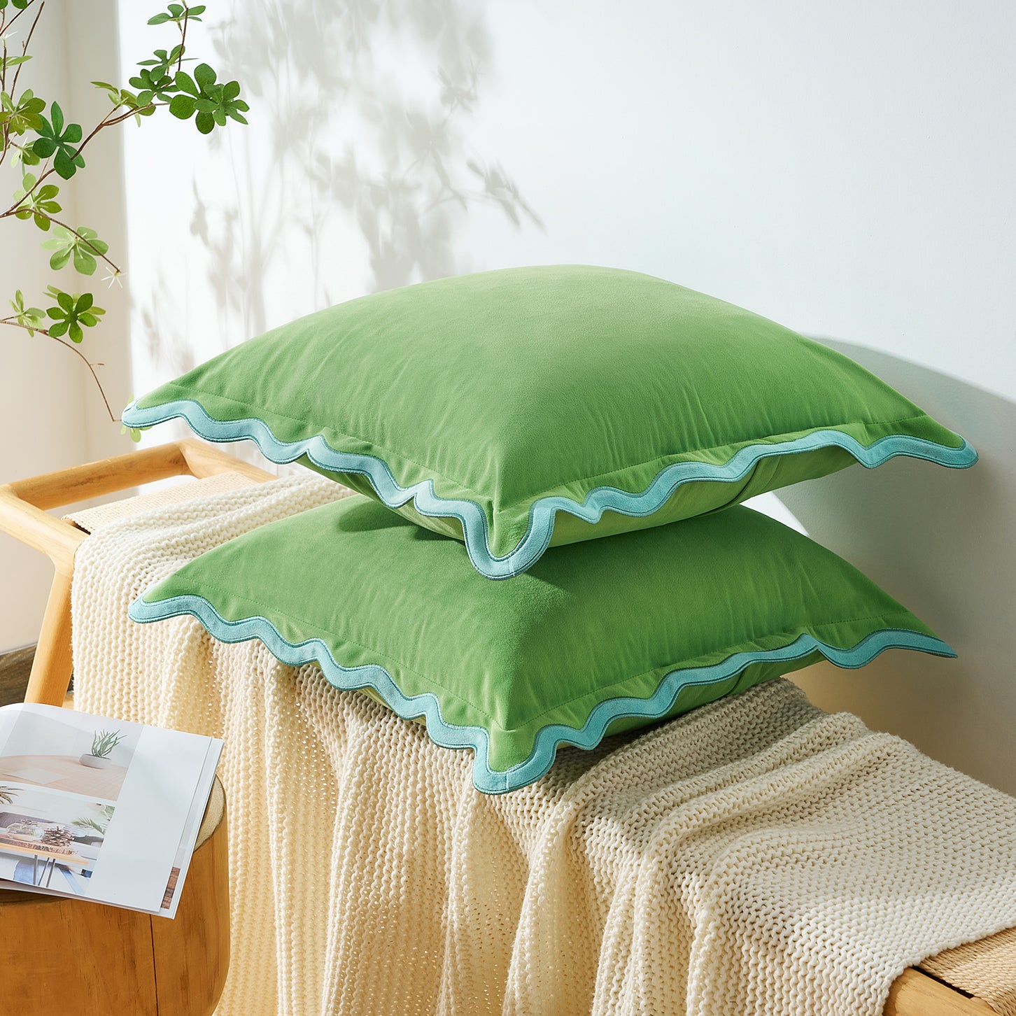 scalloped edge velvet pillows set of two light blue light green