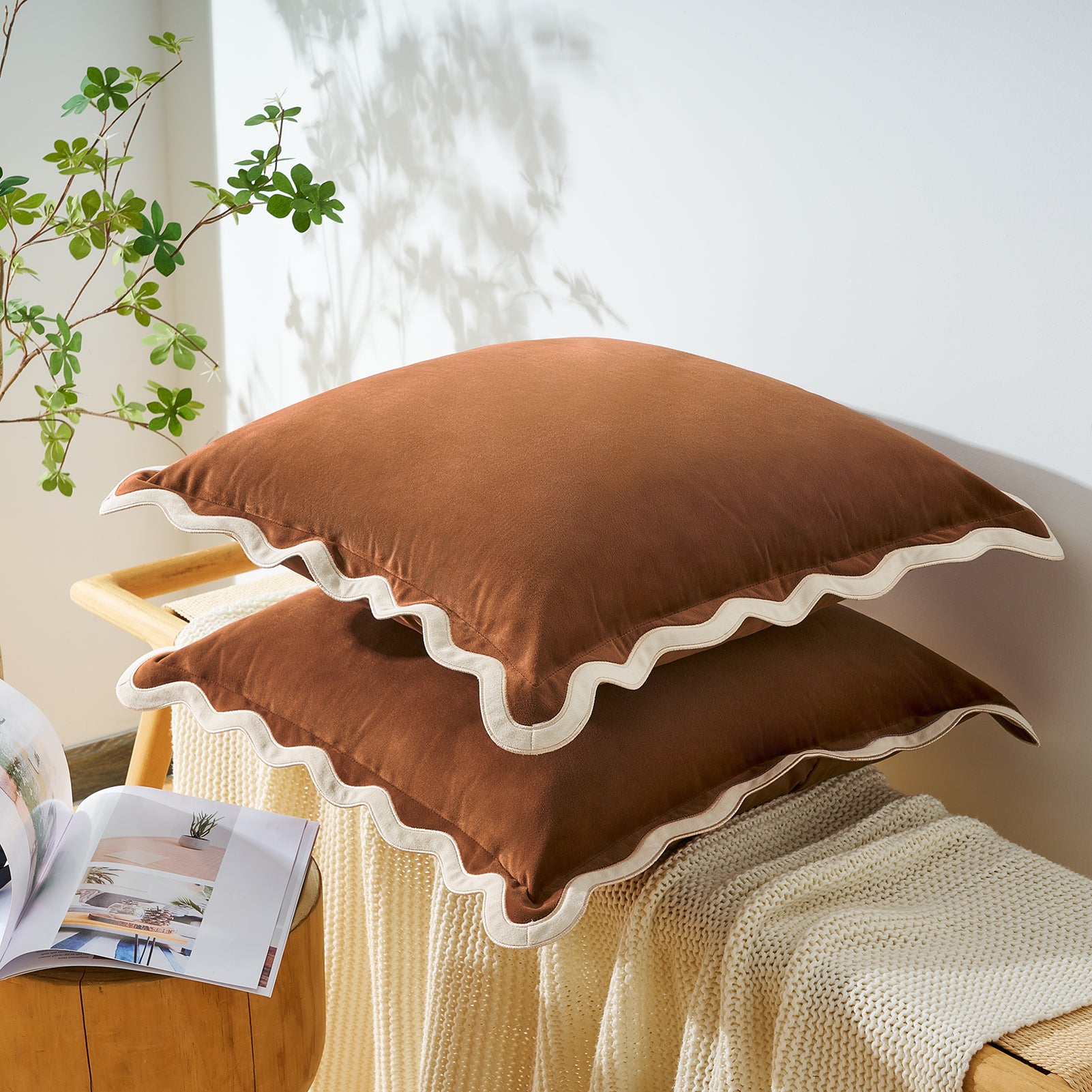 scalloped edge velvet pillows set of two beige brown
