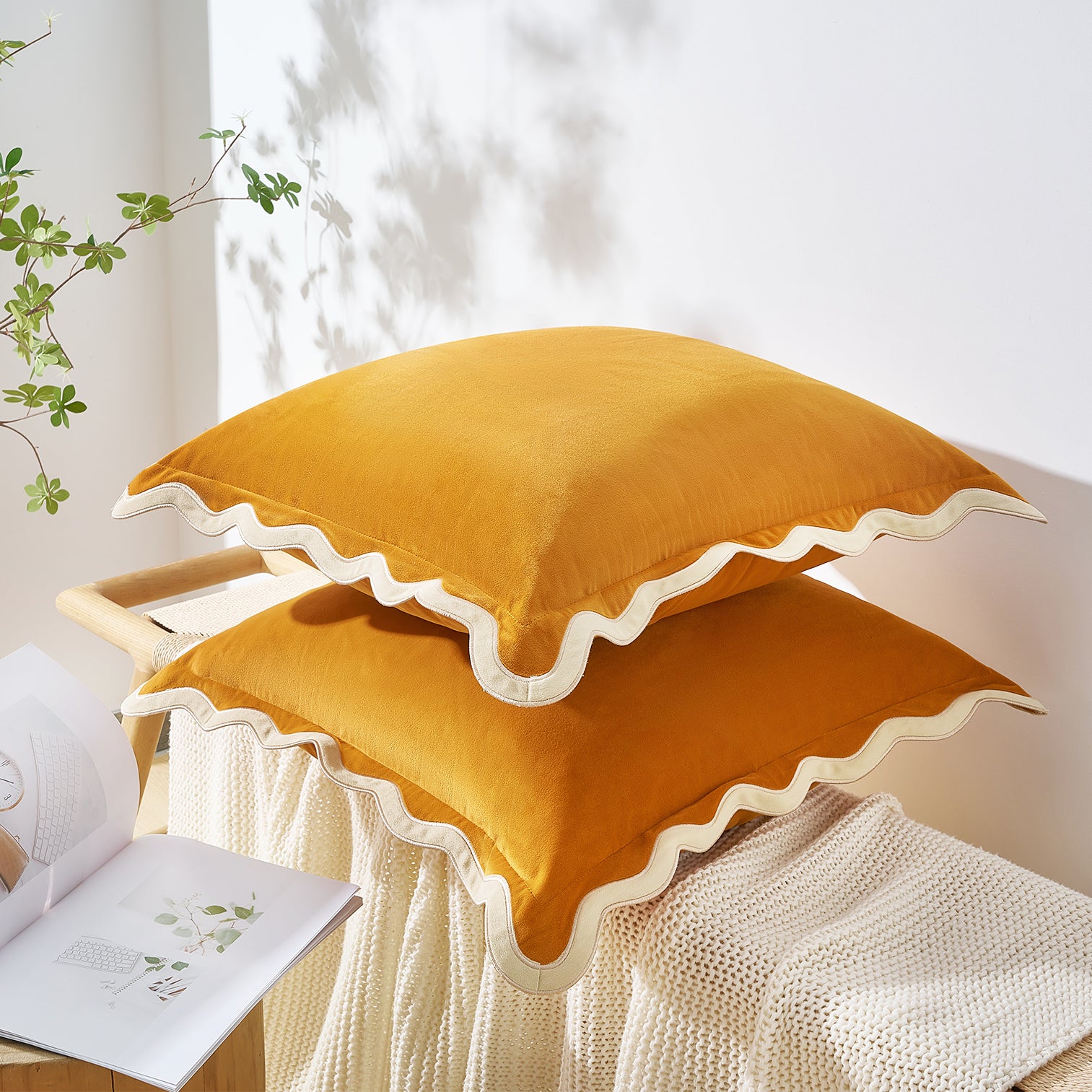 scalloped edge velvet pillows set of two cream yellow