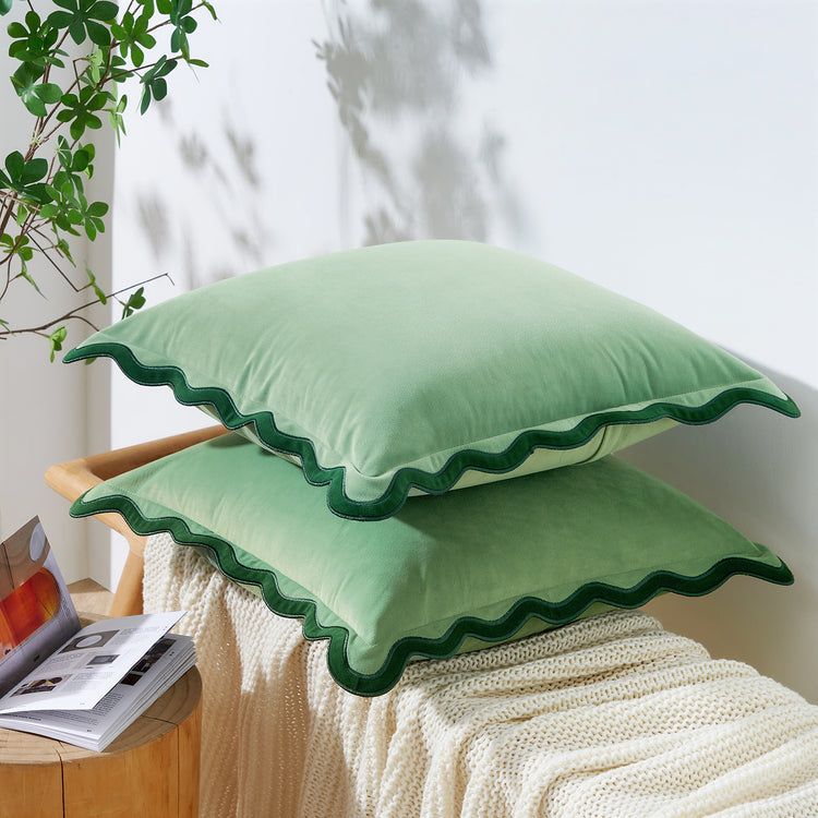 scalloped edge velvet pillows set of two green light green