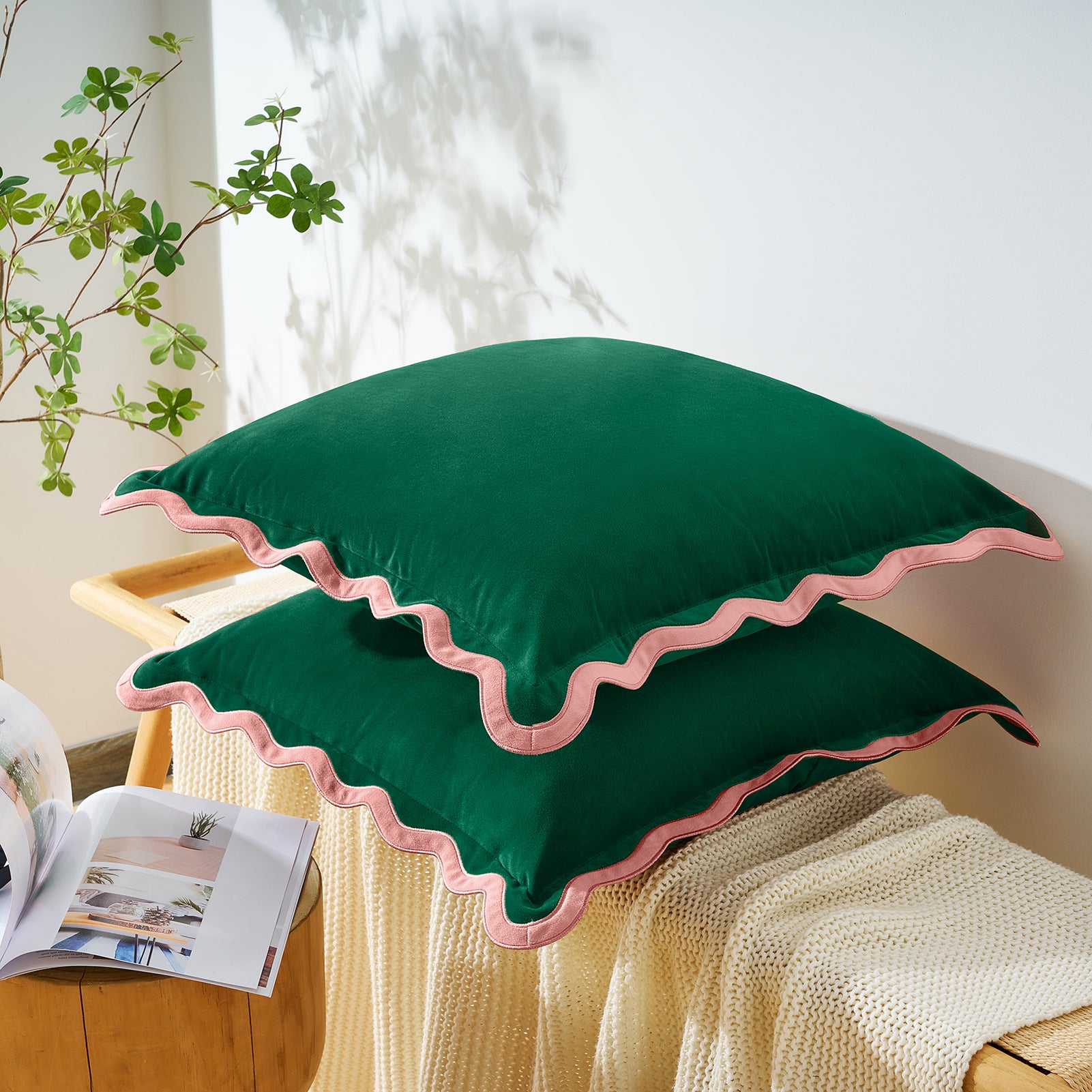 scalloped edge velvet pillows set of two pink green