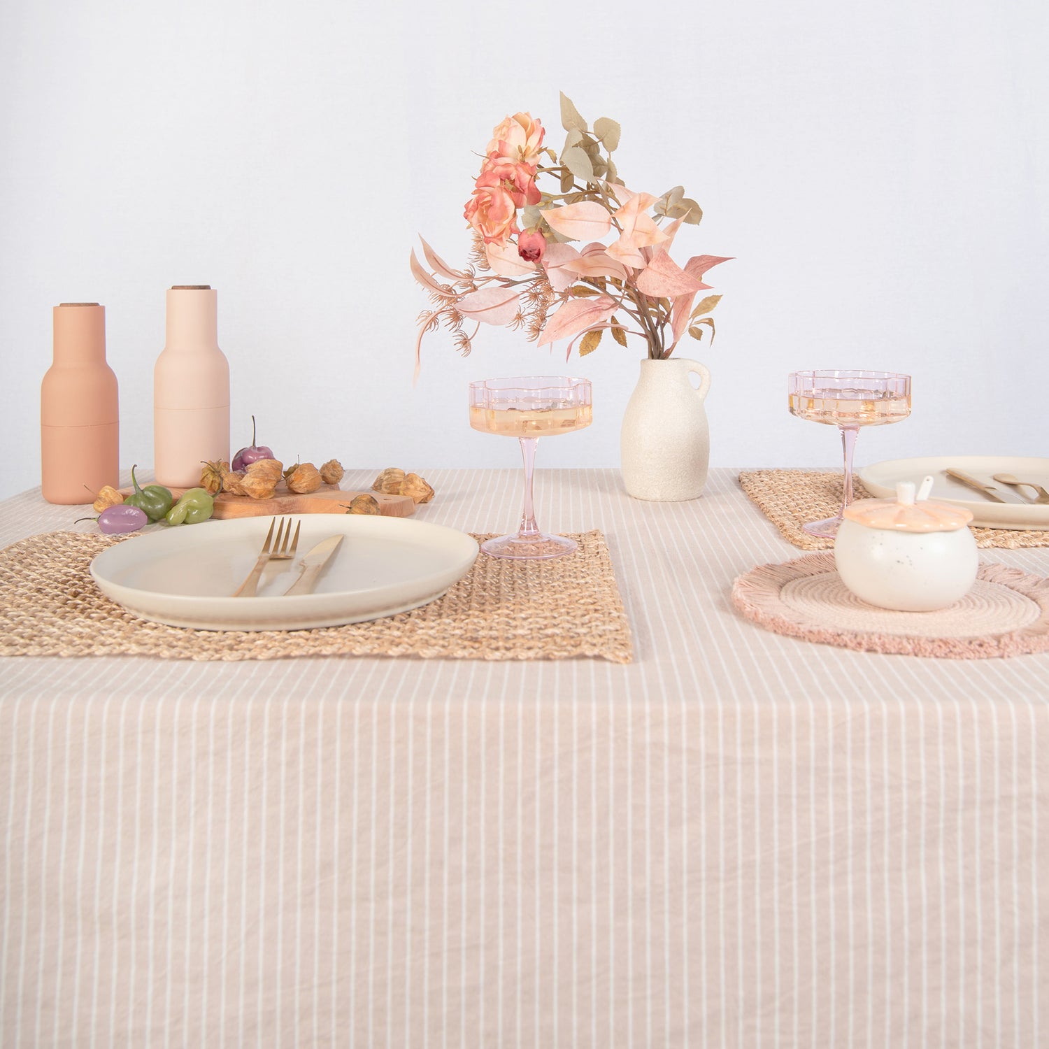 tablecloth cotton stonewashed beige white stripes rectangle