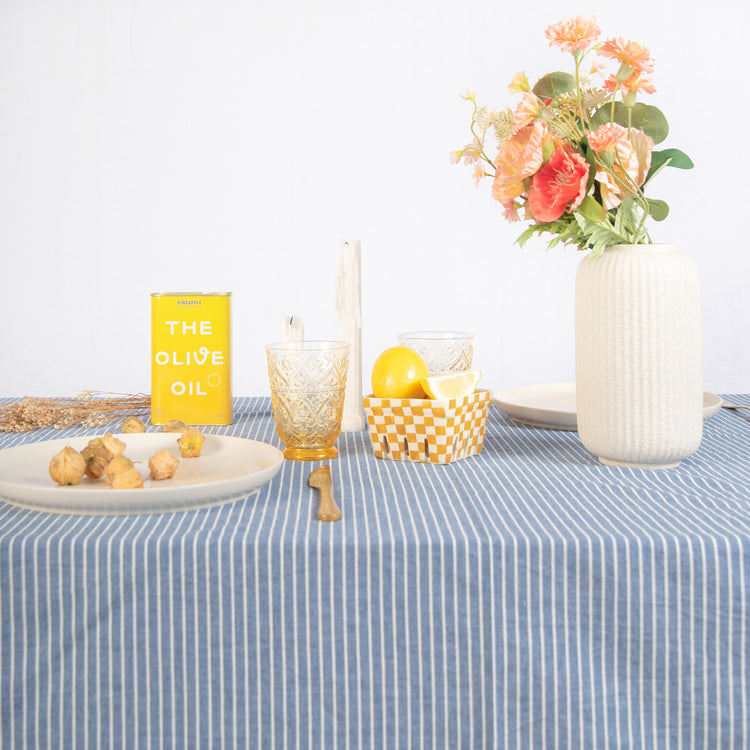 tablecloth cotton stonewashed blue white stripes rectangle