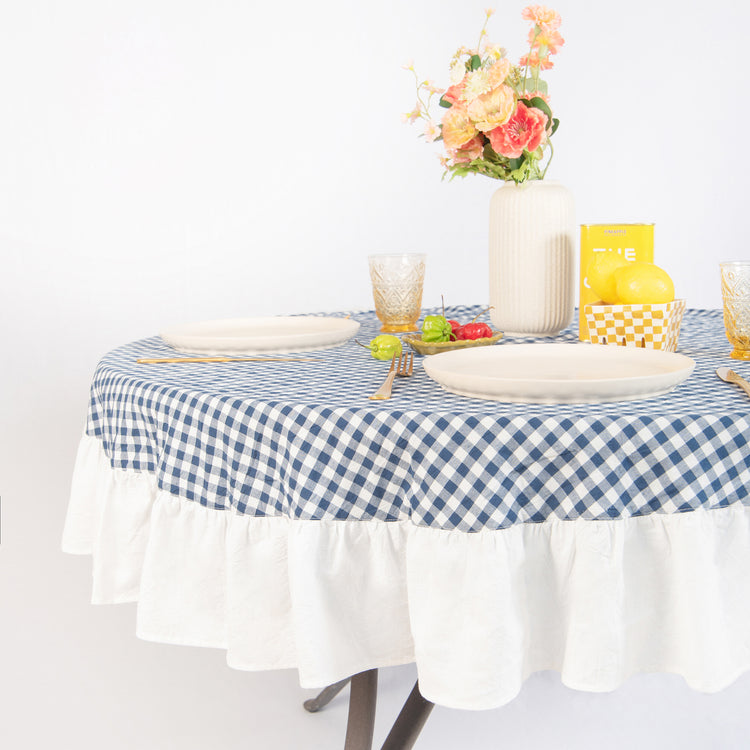 tablecloth gingham plaid buffalo checkered cotton stonewashed blue white round