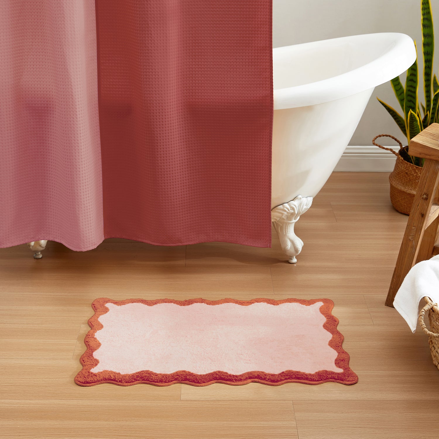 bath mat blush pink scalloped wavy edge